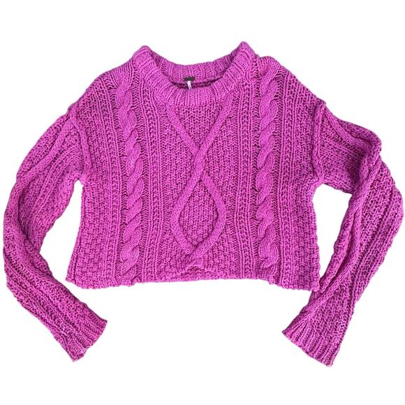 Free People Cutting Edge Cable Knit Sweater Hot Pink Cotton Pullover Crop Small - Picture 2 of 14